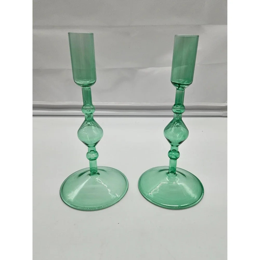 Vintage Style Green Glass Taper Candle Holders Set of 2 Turned Stem 7.5 Inch